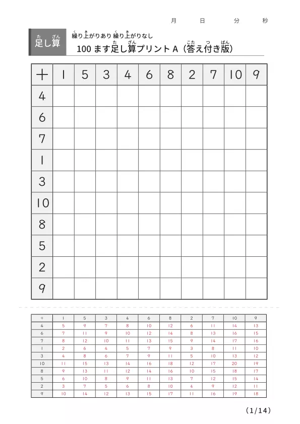 足し算の百マス計算A