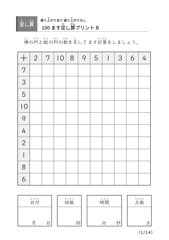 足し算の百マス計算B