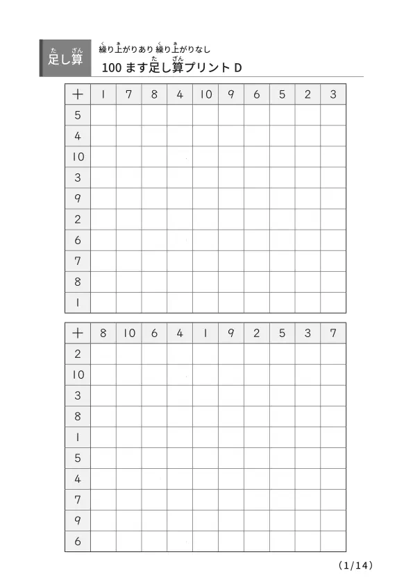 足し算の百マス計算D