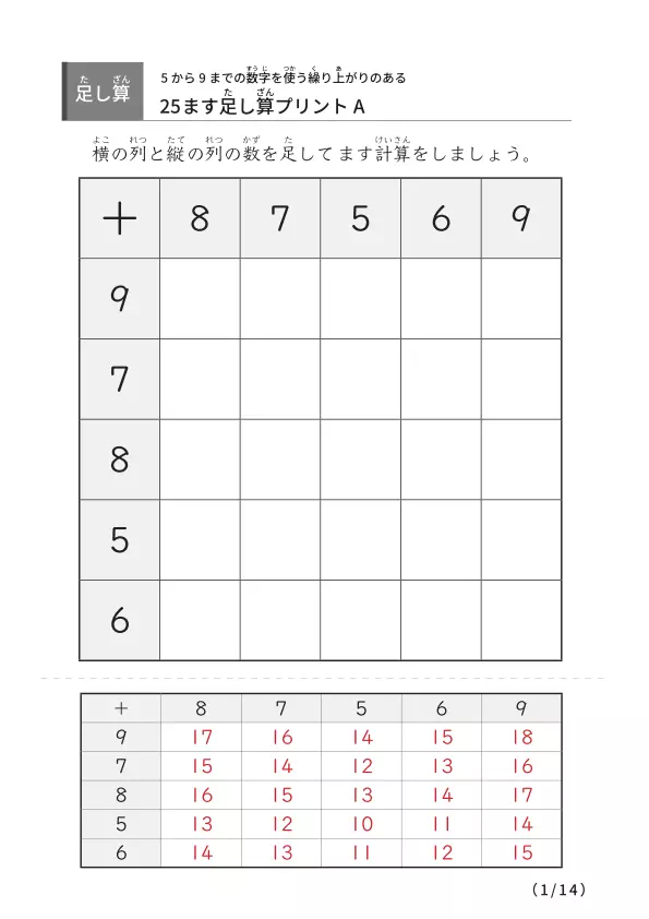 繰り上がりのある25マスA