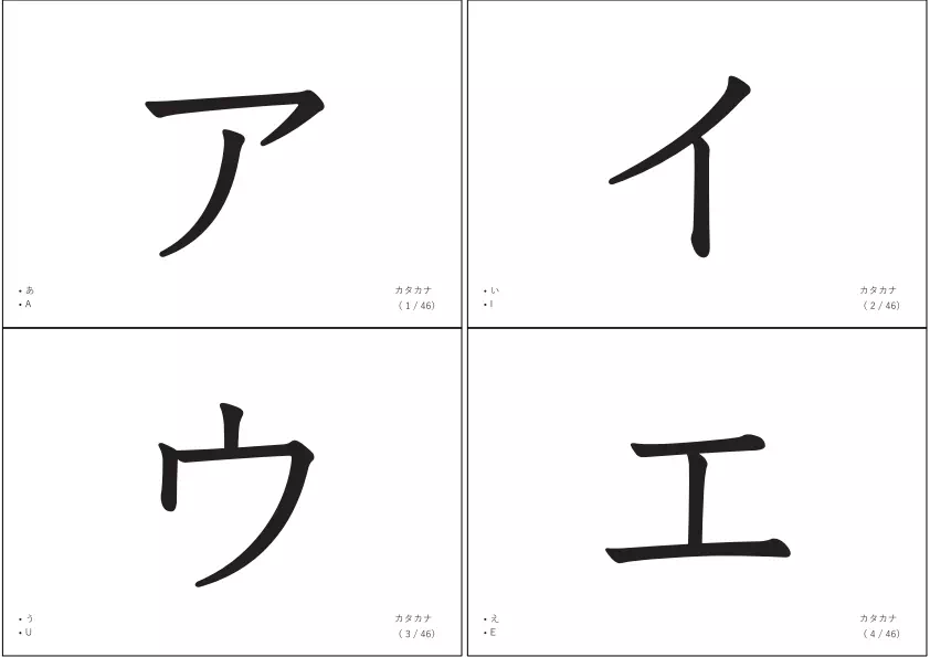 A4サイズにまとめたL版サイズ「フラッシュカード（文字）②」（アイウエオ順）