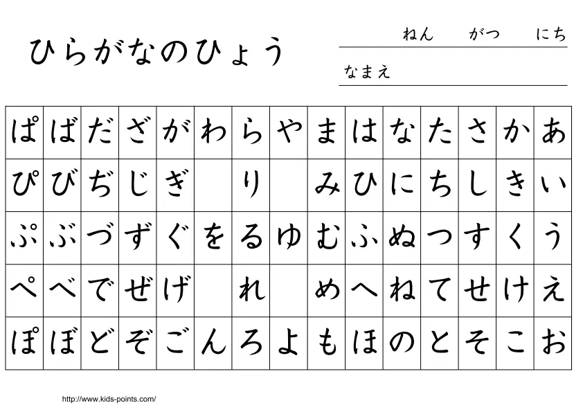 ひらがな一覧表 (A)