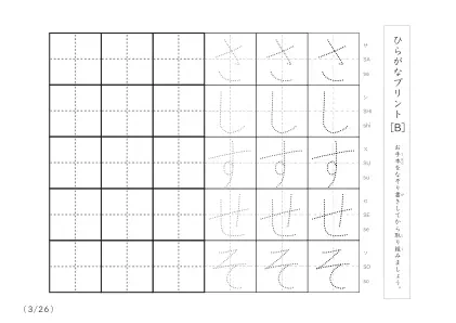 「3つずつあるなぞり書き＆練習枠」ひらがな（清音、濁音、拗音）練習B