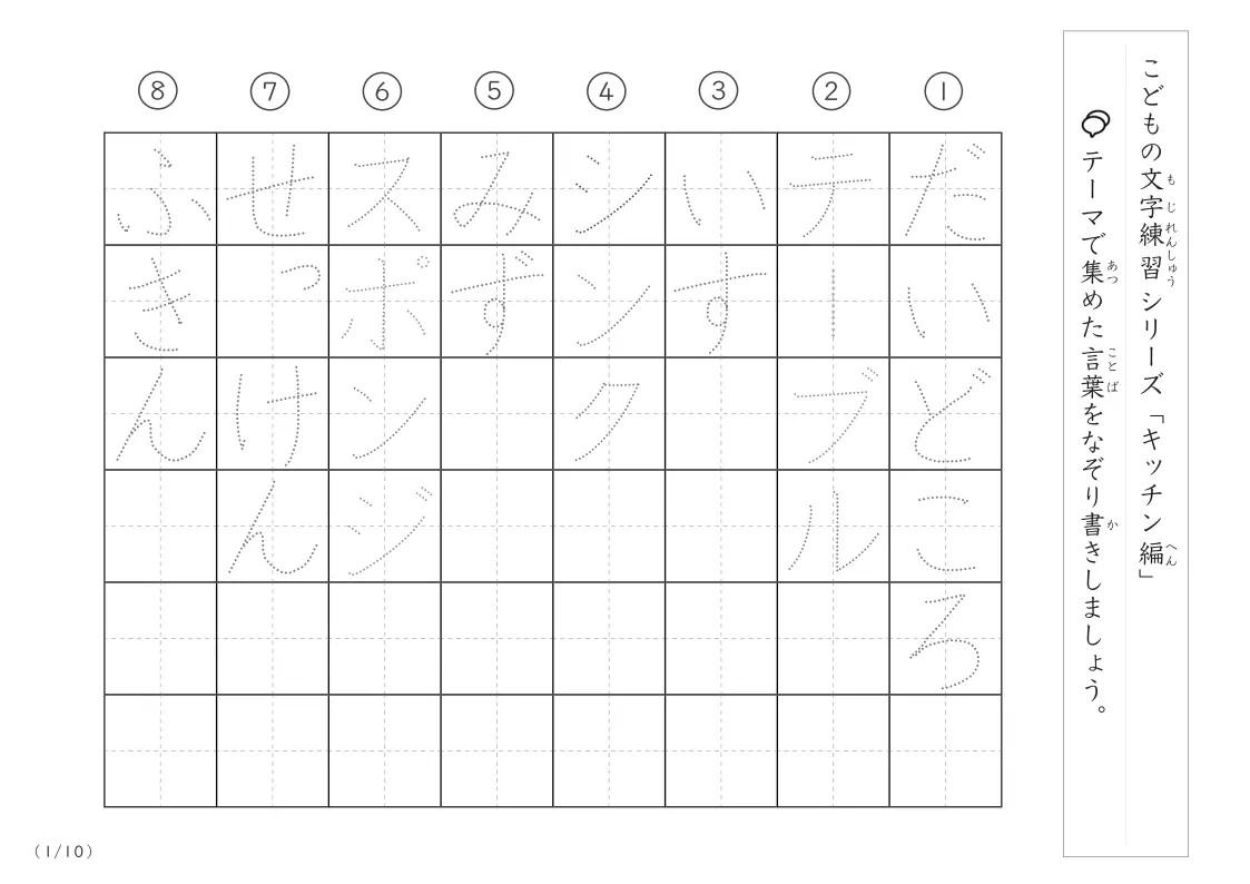 キッチンに関する言葉で文字練習