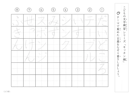 キッチンに関する言葉で文字練習