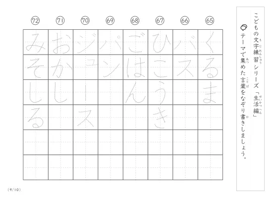 「点々文字でなぞり書き」生活に関する言葉で文字練習