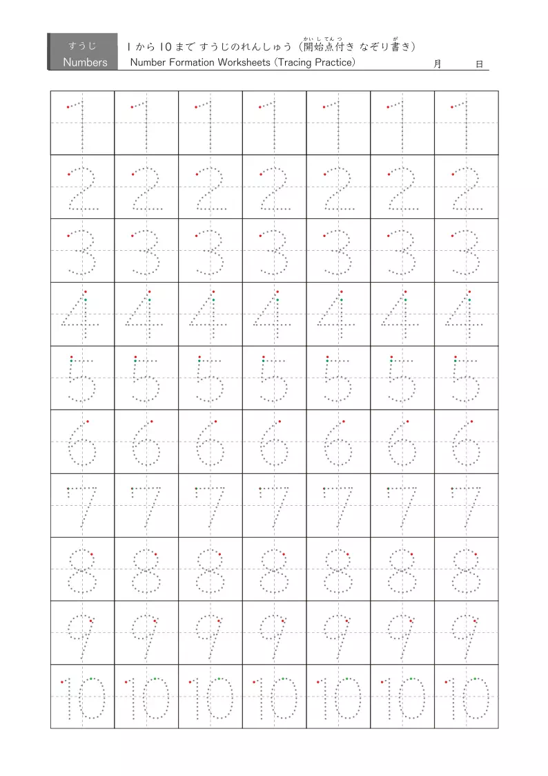 数字のなぞり書き練習プリント(5種類)