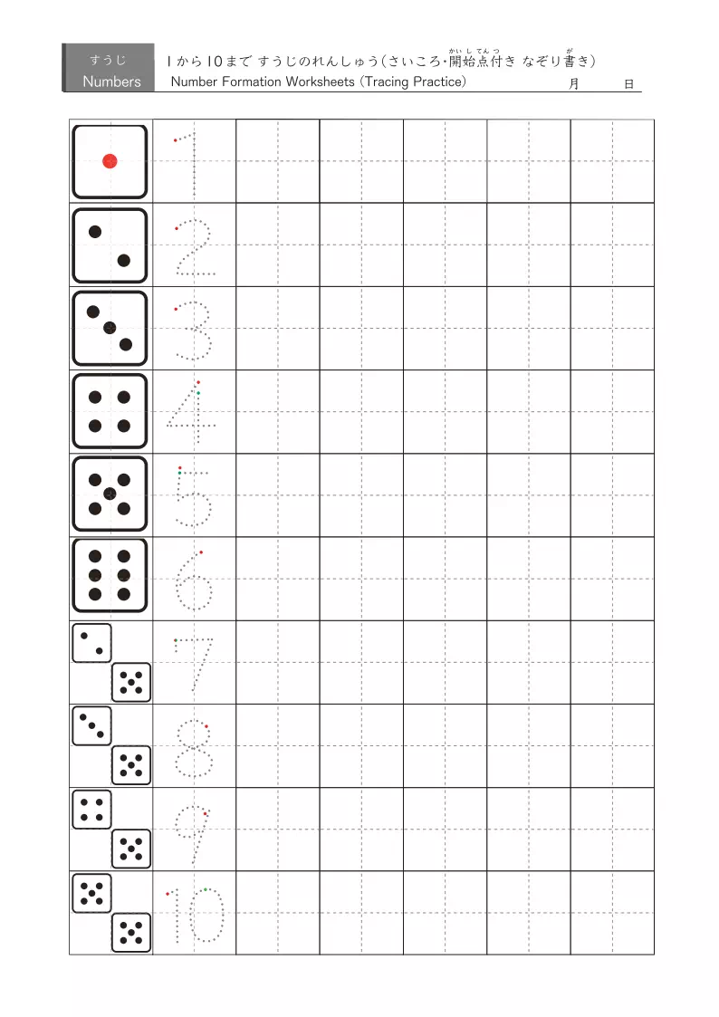 数字のなぞり書き練習プリント（5種類） さいころ付き