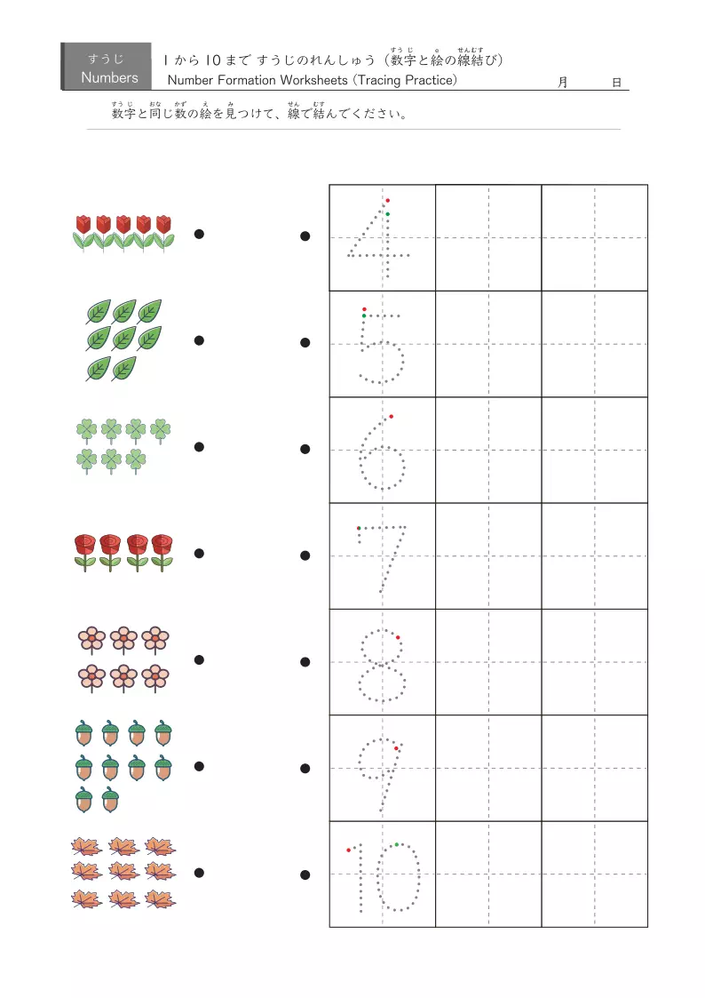 絵と数字の結びなぞり書き練習(5種類) 植物を数える