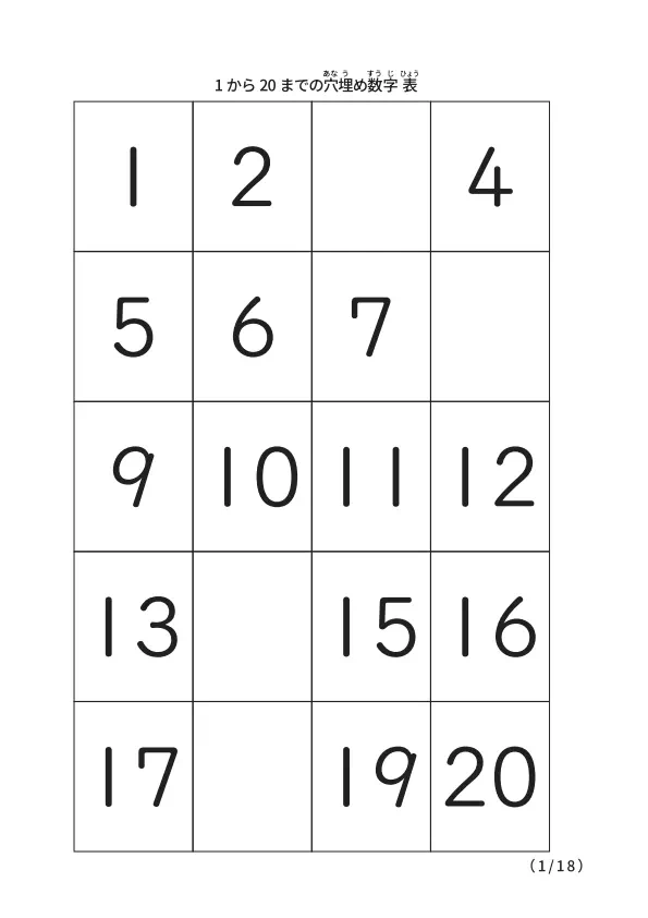 【穴埋め版】1から20まで数字表(穴は4から20個まで18パターン)