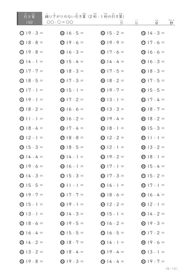 「繰り下がりのない引き算に特化」2桁-1桁の引き算プリント