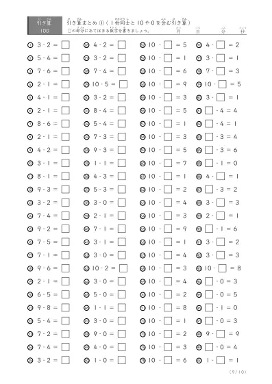 「反復学習、実力確認用」引き算Aまとめプリント