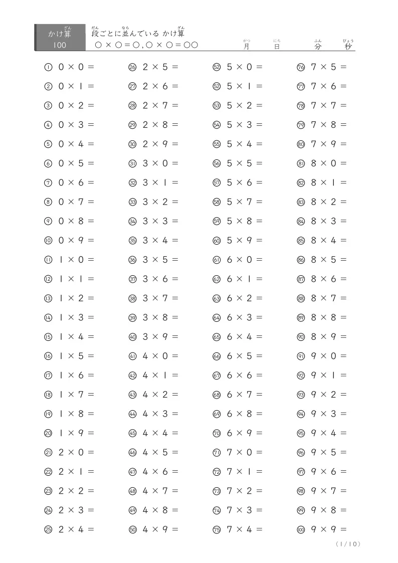 段ごと九九の計算プリント