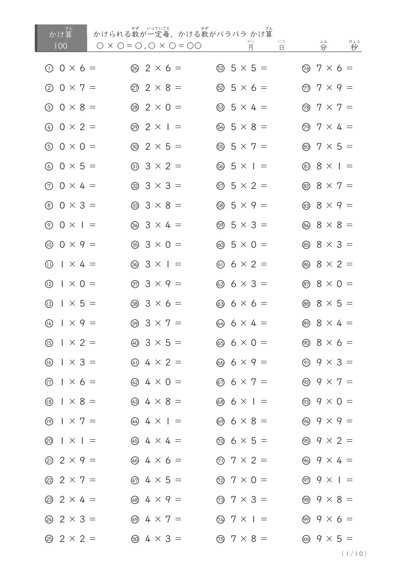掛け算（九九）の計算問題A3