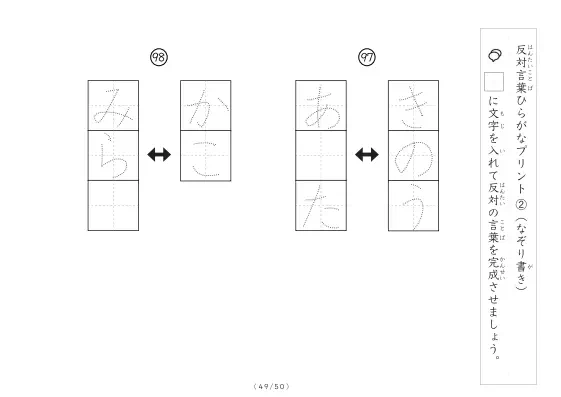 「反対言葉穴埋め1つ版100問プリント」反対言葉穴埋め1つ版100問プリント